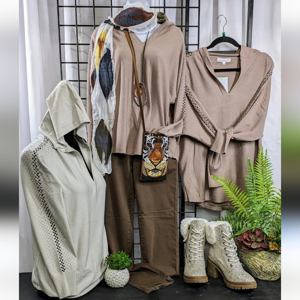 NWT Keren Hart Jeweled Sleeve Hooded Sweater size S Mocha Tan S-2390 - Picture 9 of 16